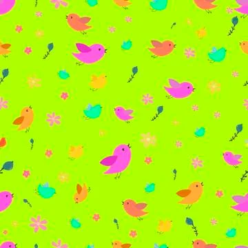 Cute birds seamless pattern with little flowers Stock Illustration