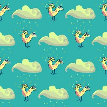 Cute Birds Under Rain Clouds Vector Seamless Pattern イラスト素材
