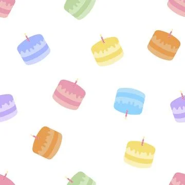 Cute Birthday Cake Seamless Pattern with Candles in Pastel Colors Stock-Illustration
