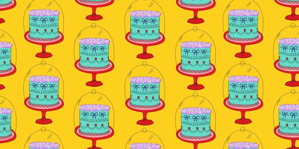 Cute birthday cake seamless pattern with vintage sweet dessert on cake stan.. Stock Illustration