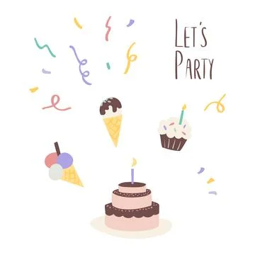 Cute birthday party design elements. ice cream confetti and cupcake. Vector s Stock Illustration
