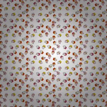 Cute birthday pattern on orange, neutral and white. Doodle cakes with cream. Vec Stock Illustration