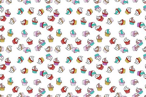 Cute birthday pattern on pink, black and white. Hand drawn cupcakes. Raster cupc Stock Illustration