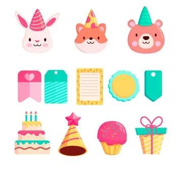 Cute birthday scrapbook elements and animals collection Stock Illustration