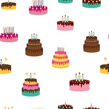 Cute Birthday Seamless Pattern Background with Cake, Candles. Design Element  Illustrazione stock