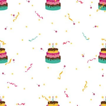 Cute Birthday Seamless Pattern Background with Cake, Candles. Design Element  스톡 일러스트