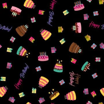 Cute Birthday Seamless Pattern Background with Cake, Candles. Design Element  Stock Illustration