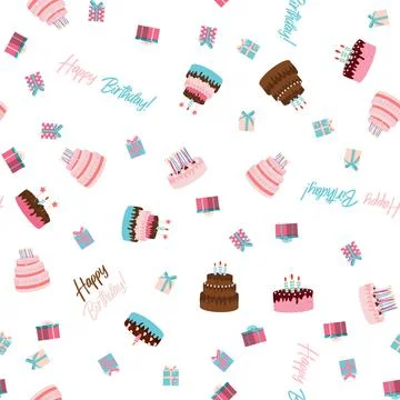 Cute Birthday Seamless Pattern Background with Cake, Candles. Design Element  Illustrazione stock