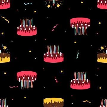 Cute Birthday Seamless Pattern Background with Cake, Candles. Design Element  Illustrazione stock