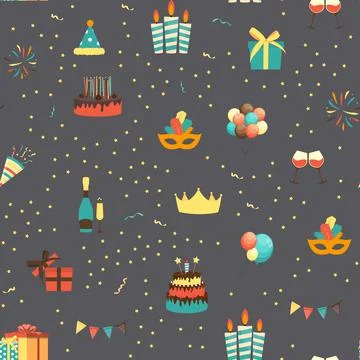 Cute Birthday Seamless Pattern Background with Cake, Candles. Design Element  Illustrazione stock