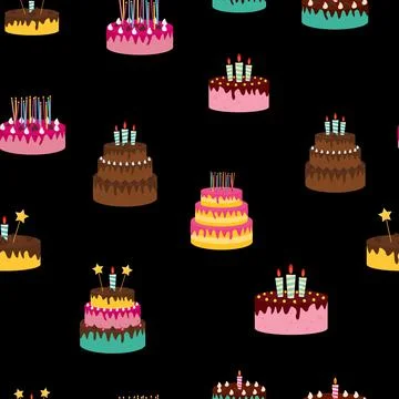 Cute Birthday Seamless Pattern Background with Cake, Candles. Design Element  Stock Illustration