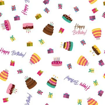 Cute Birthday Seamless Pattern Background with Cake, Candles. Design Element  Stock Illustration