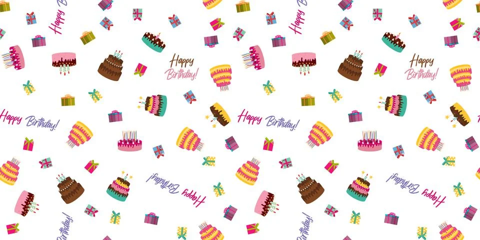 Cute Birthday Seamless Pattern Background with Cake, Candles. Design Element  스톡 일러스트