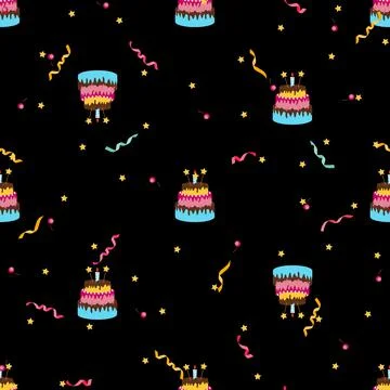 Cute Birthday Seamless Pattern Background with Cake, Candles. Design Element  스톡 일러스트