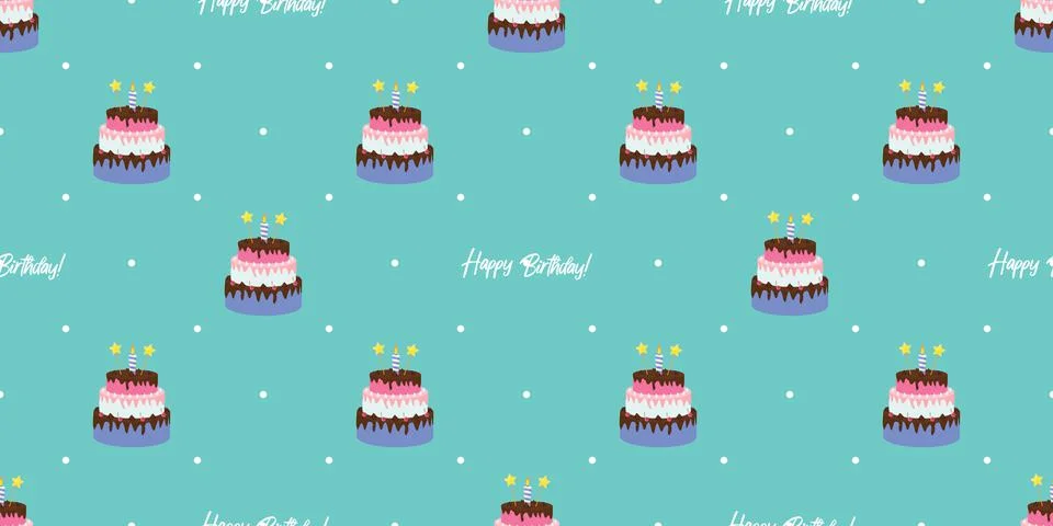 Cute Birthday Seamless Pattern Background with Cake, Candles. Design Element  Illustrazione stock