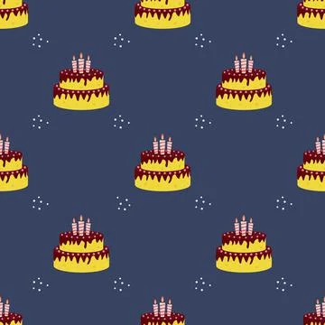 Cute Birthday Seamless Pattern Background with Cake, Candles. Design Element  Stock Illustration
