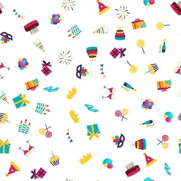Cute Birthday Seamless Pattern Background with Cake, Candles. Design Element  Stock Illustration