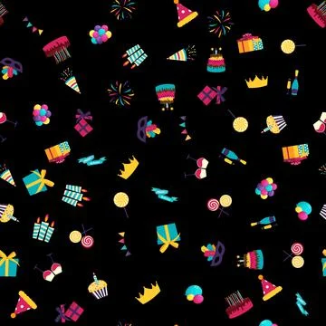 Cute Birthday Seamless Pattern Background with Cake, Candles. Design Element  Illustrazione stock