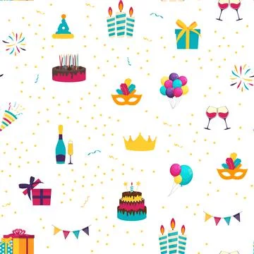 Cute Birthday Seamless Pattern Background with Cake, Candles. Design Element  Stock Illustration