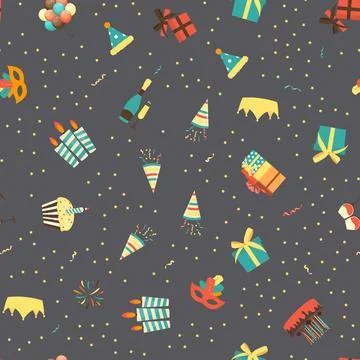 Cute Birthday Seamless Pattern Background with Cake, Candles. Design Element  Stock Illustration