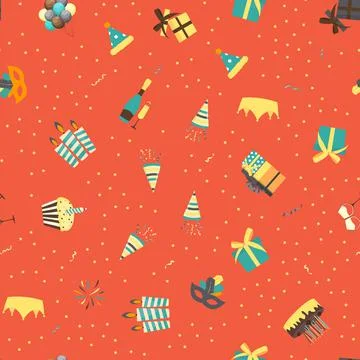 Cute Birthday Seamless Pattern Background with Cake, Candles. Design Element  스톡 일러스트