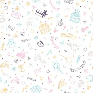 Cute birthday seamless pattern. Hand drawn party theme. Doodle background. .. Stock Illustration
