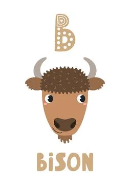 Cute bison face, letter B, text, illustration isolated Stock Illustration