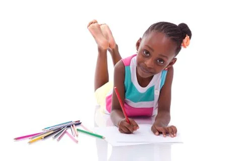 Cute black african american little girl drawing - african people - children Stock Photos