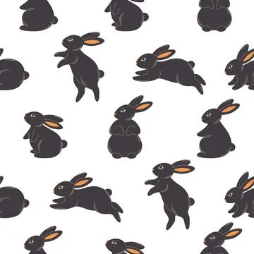 Cute black bunnies seamless pattern. Animal, hare. Year of the Rabbit. Ilustração Stock