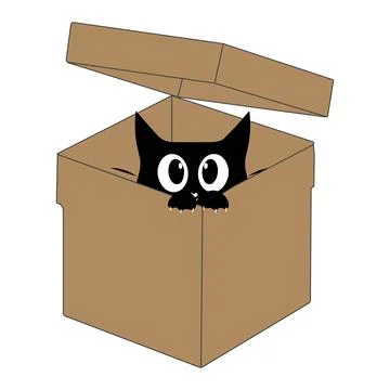 Cute black cat cartoon inside a cardboard box illustration Stock Illustration