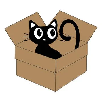 Cute black cat cartoon inside a cardboard box illustration Stock Illustration