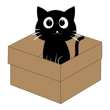 Cute black cat cartoon inside a cardboard box illustration Stock Illustration