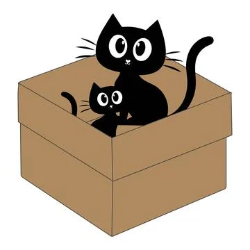 Cute black cat cartoon inside a cardboard box illustration Stock Illustration
