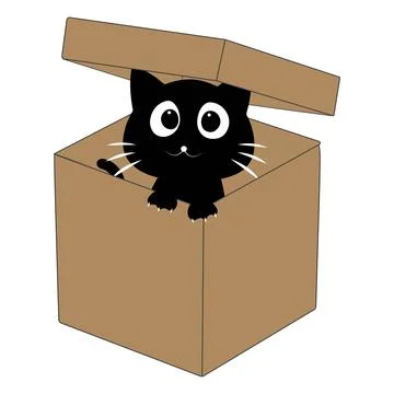 Cute black cat cartoon inside a cardboard box illustration Stock Illustration