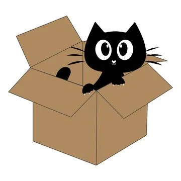 Cute black cat cartoon inside a cardboard box illustration Stock Illustration