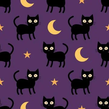 Cute black cat seamless pattern with moon and stars on purple. Stock Illustration