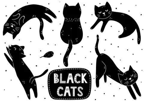 Cute black cat set. Doodle kitten in different poses collection Stock Illustration