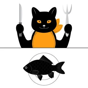 A cute black cat sits with a fork and knife at the table. The cat is going to Stock Illustration