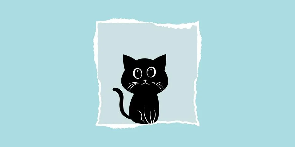 Cute Black Cat Sitting Inside Torn Paper Frame Vector Illustration Stock Illustration