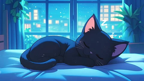 A cute black cat sleeping on a bed with a city view. Video stock 283665775