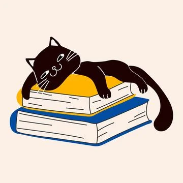 Cute Black Cat Sleeping on Stack of Books Illustrazione stock