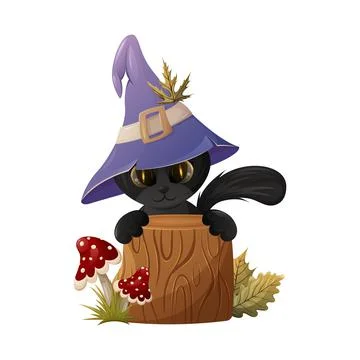 Cute black cat in a sorcery hat behind a stump. Fly agaric and autumn leaves. Stock Illustration