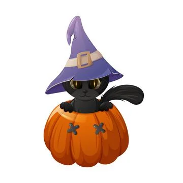 Cute black cat in a sorcery hat is inside a pumpkin. Vector for halloween Stock Illustration