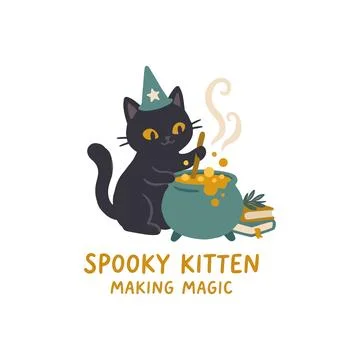 Cute black cat with "Spooky Kitten Making Magic" text. 스톡 일러스트