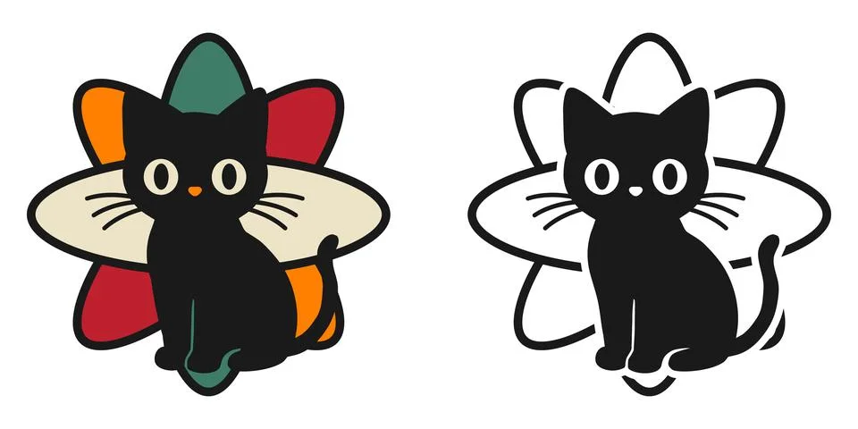 Cute black cat vector logo icon with colorful flower petals retro style Stock Illustration