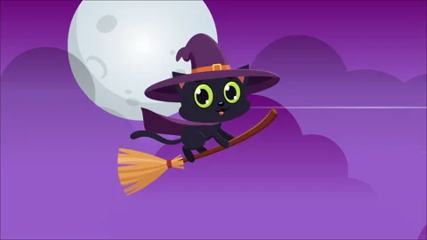 Cute Black Cat Witch Cartoon Character Flying On Broom Under Moonlight Stock Footage 319299270