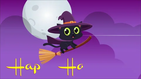 Cute Black Cat Witch Cartoon Character Flying On Broom With Happy Halloween Text Stock Footage 319299317