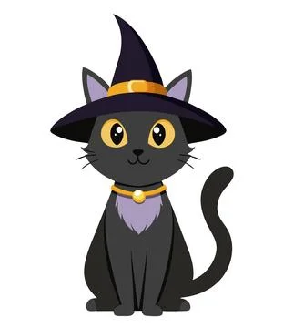 Cute black cat in a witch hat isolated on white. Stock Illustration