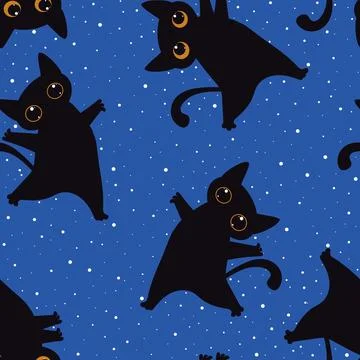 Cute black cats against a starry night sky form a seamless pattern.	 Stockillustratie