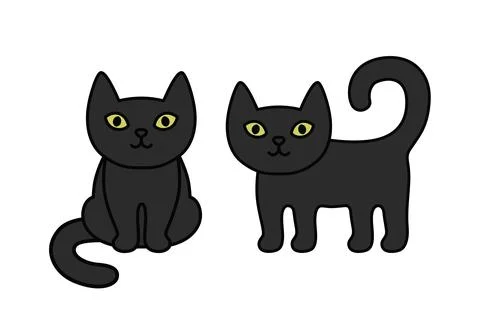 Cute black cats set icon simple cartoon kitten with green eyes minimal flat pet Stock Illustration